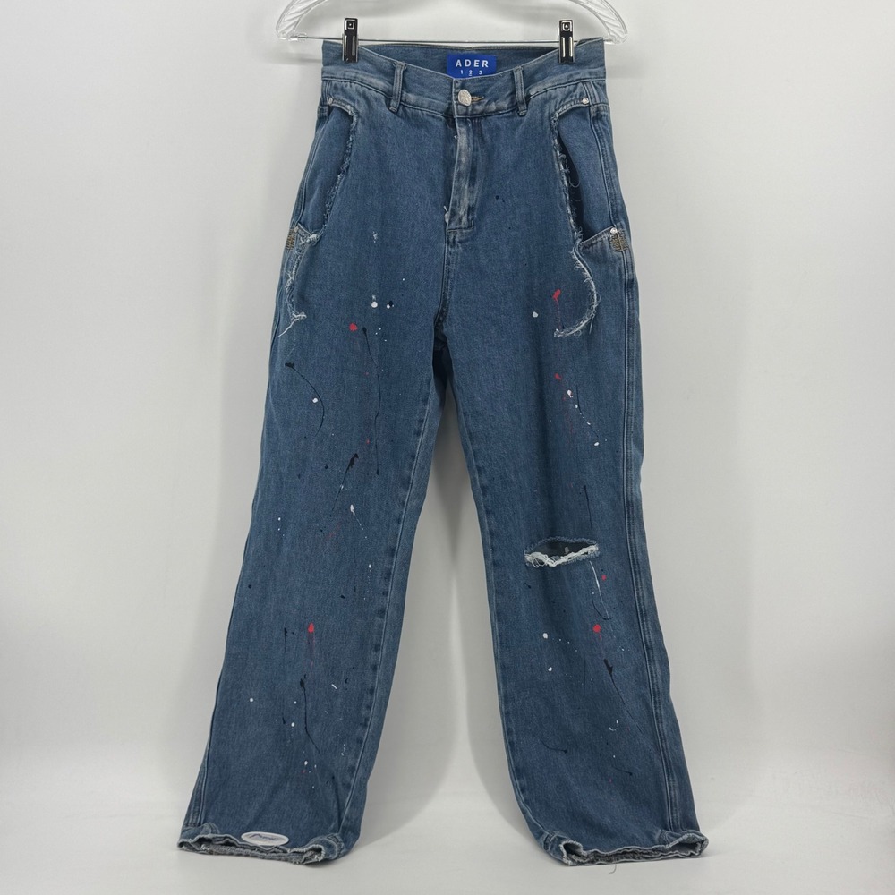 Ader‎ Error Paint Splatter Distressed Straight Leg Jeans Blue Medium Wash A2